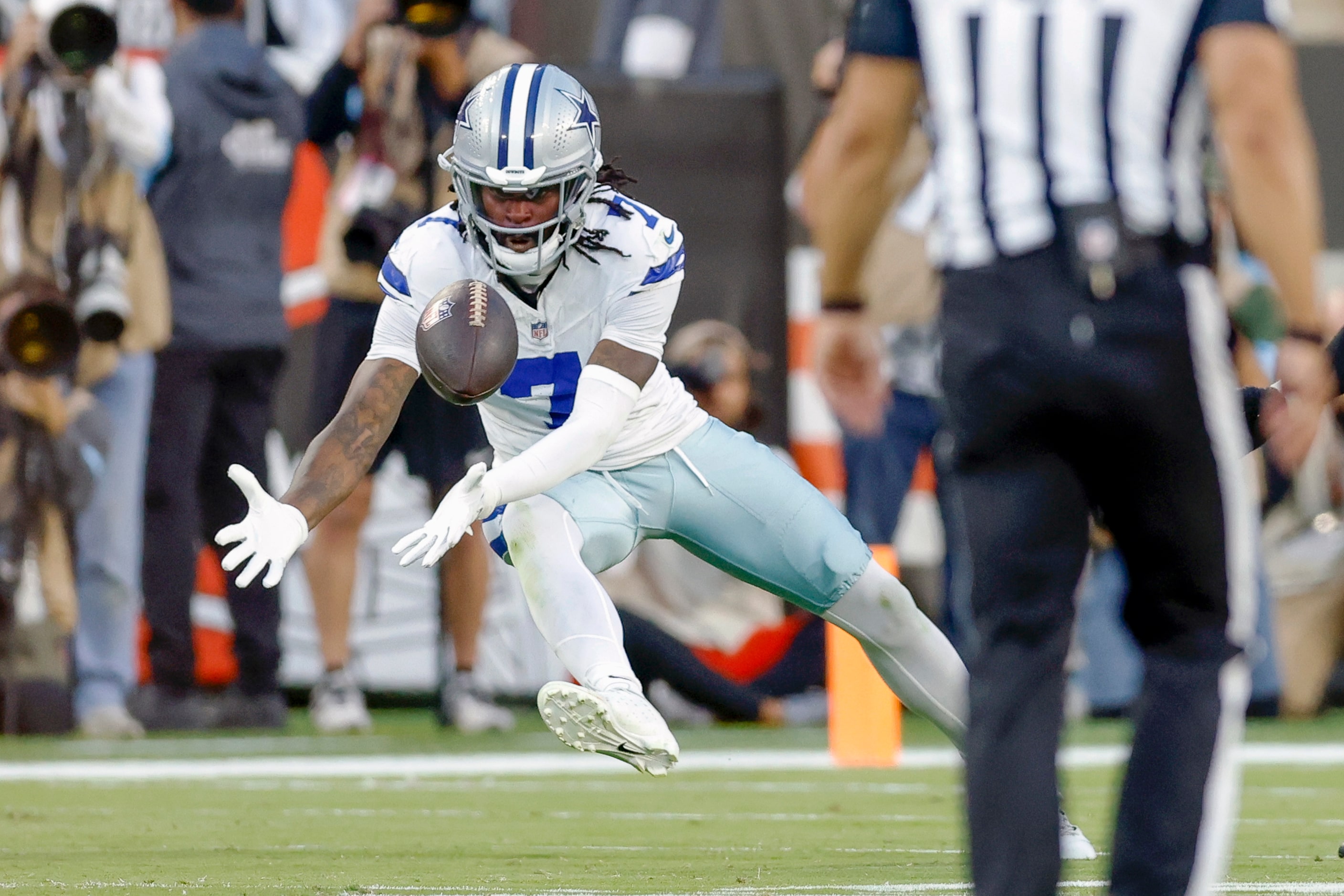 Dallas Cowboys cornerback Trevon Diggs (7) intercepts a pass thrown by Cleveland Browns...