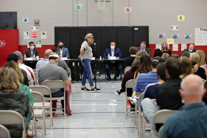 Anna Sides speaks during a Lovejoy ISD public meeting at Lovejoy Elementary in Allen, Texas,...