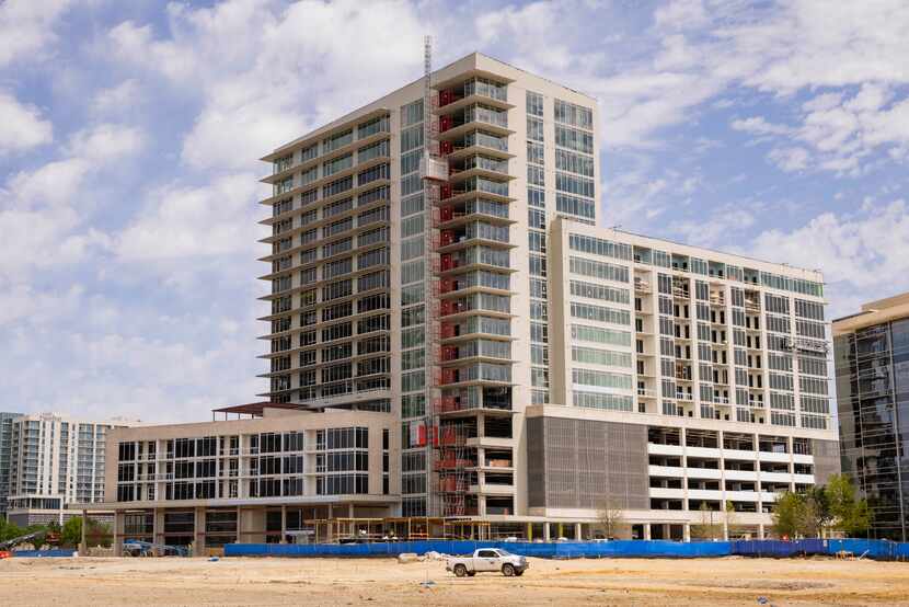 Construction continues at the hotel and apartment high-rise Hall Park project in Frisco on...