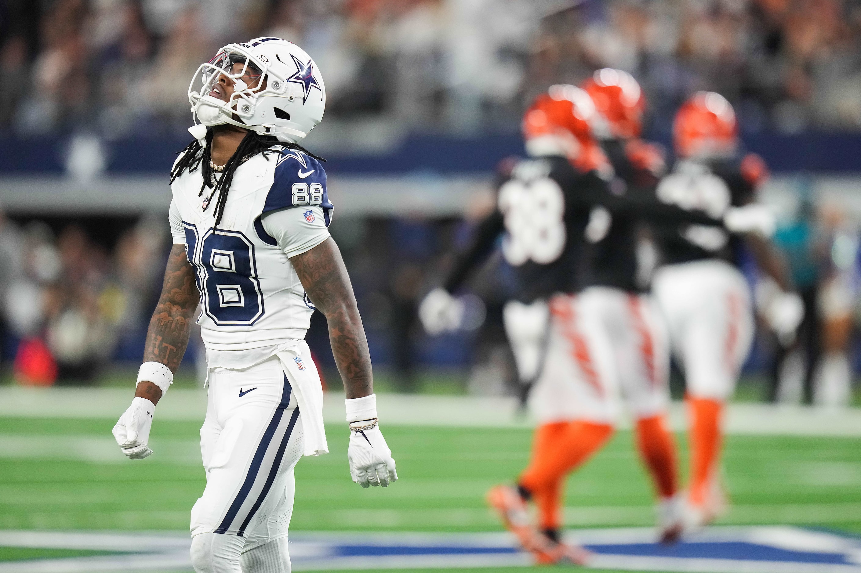 Dallas Cowboys wide receiver CeeDee Lamb (88) reacts after the Cowboys turned the ball over...