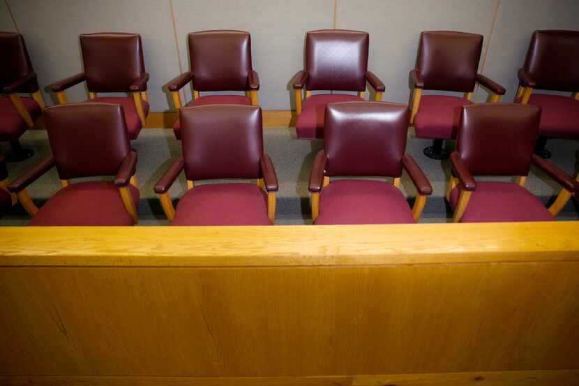 A jury bench in a courtroom in the Frank Crowley Courts Building in Dallas 