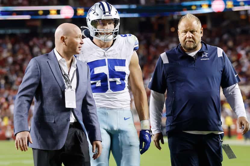 Dallas Cowboys linebacker Leighton Vander Esch (55) walks off the Levi’s Stadium field with...