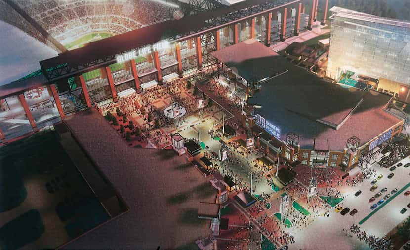 A small part of Texas Live! is seen next to Globe Life Field in renderings provided by HKS...