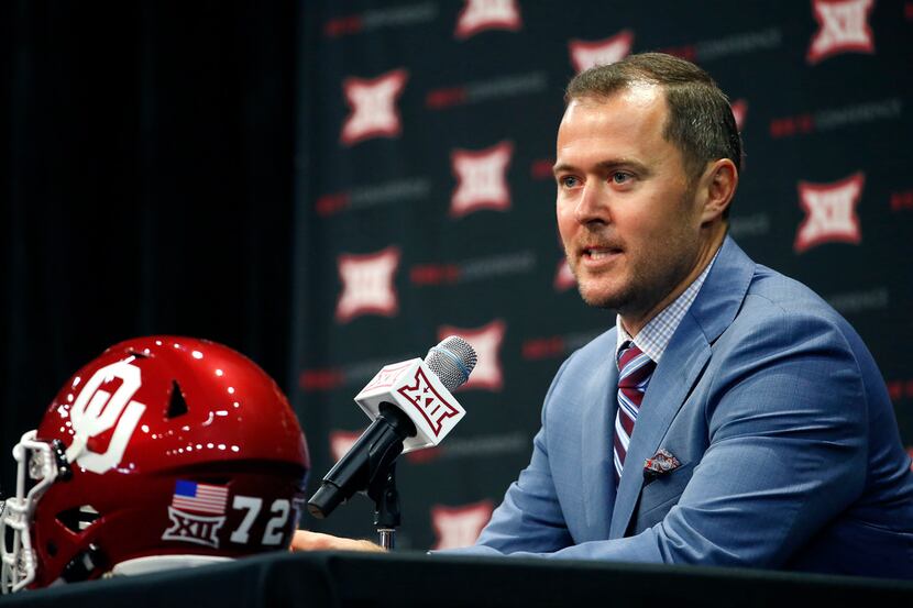 Oklahoma head football coach Lincoln Riley speaks during a press conference in Big 12 Media...