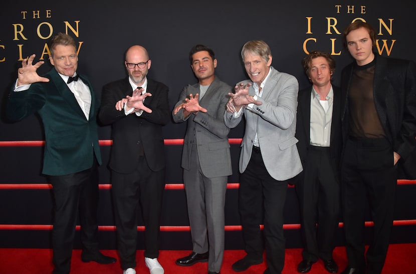 Holt McCallany, from left, Sean Durkin, Zac Efron, Kevin Von Erich, Jeremy Allen White and...