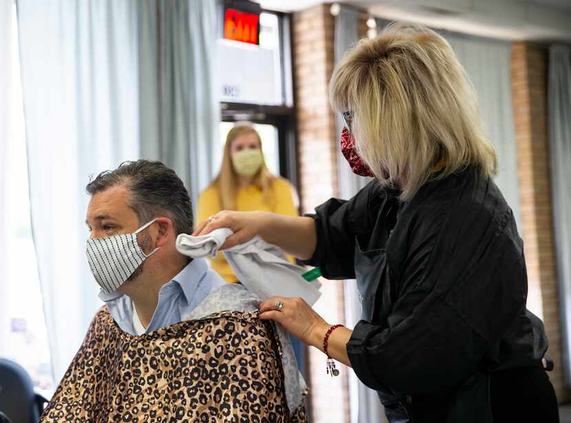 Sen. Ted Cruz gets a haircut at Salon à la Mode on May 8, 2020 in Dallas, after the Texas...