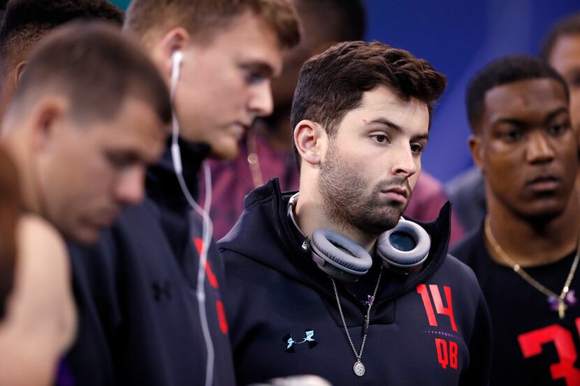 INDIANAPOLIS, IN - MARCH 03: Oklahoma quarterback Baker Mayfield looks on during the NFL...