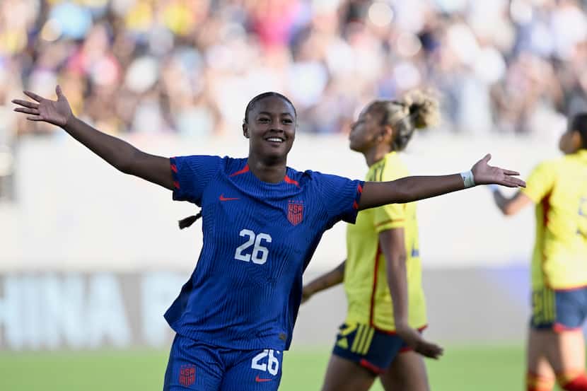United States forward Jaedyn Shaw (26) celebrates after scoring against the Colombia during...