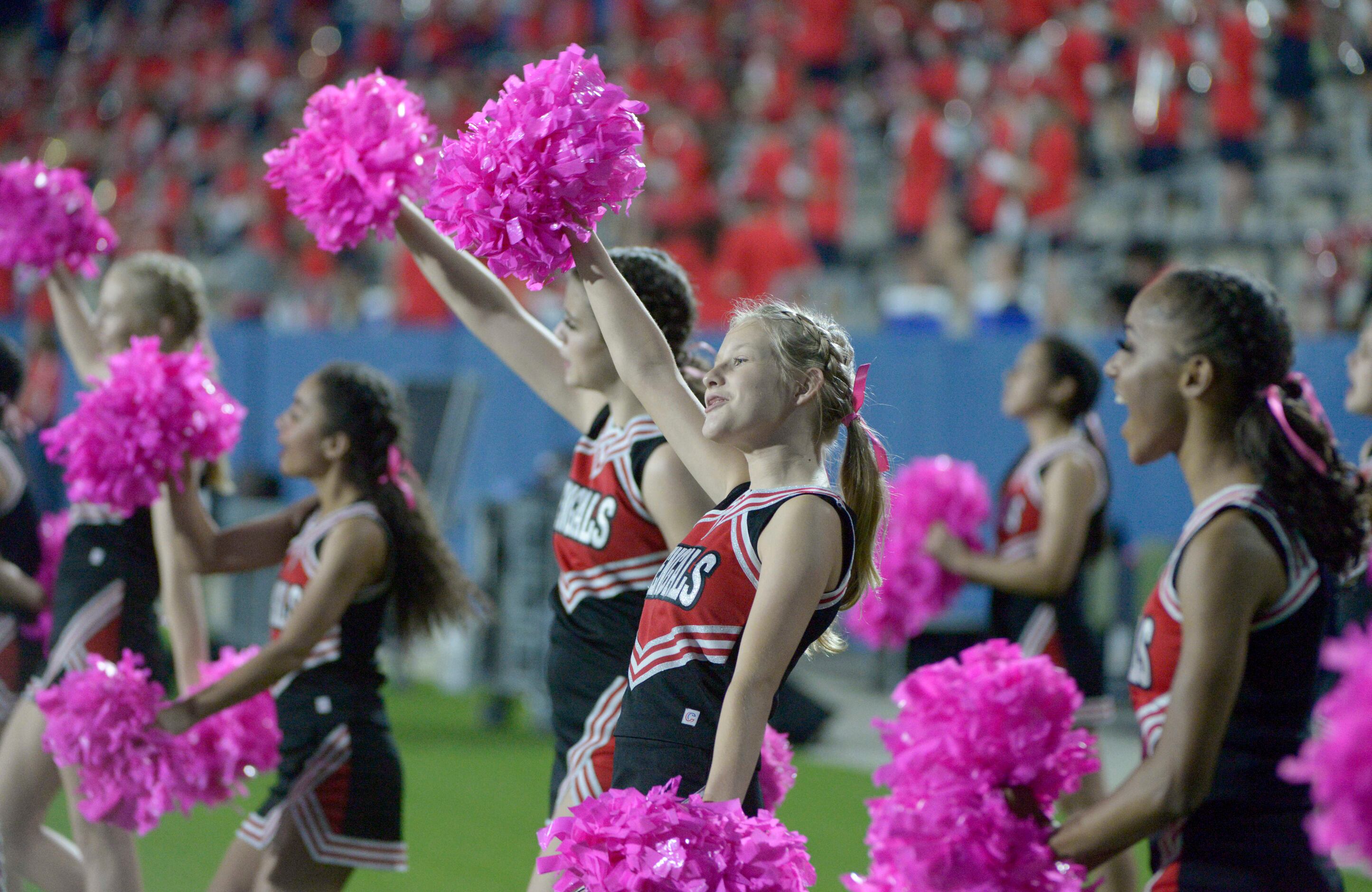 Denton Braswell cheerleaders in the first quarter of a high school football game between...
