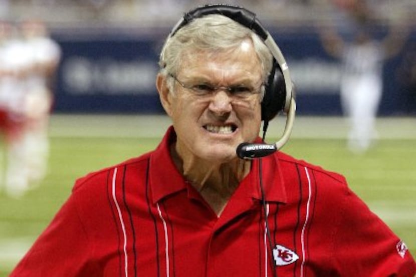 Former Kansas City Chiefs Head Coach Dick Vermeil reacts to a play by the St. Louis Rams in...