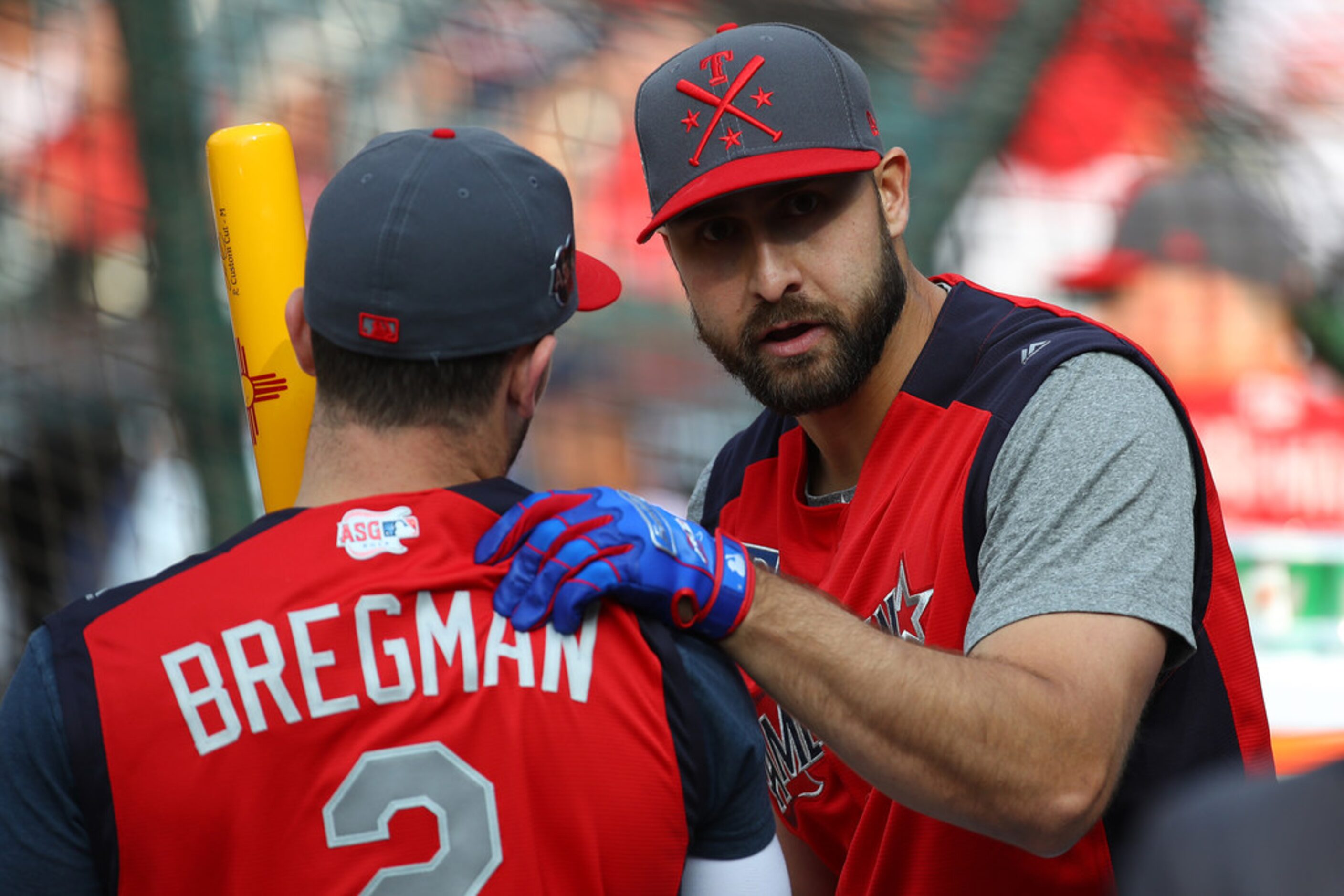 CLEVELAND, OHIO - JULY 08: Joey Gallo of the Texas Rangers and Alex Bregman of the Houston...