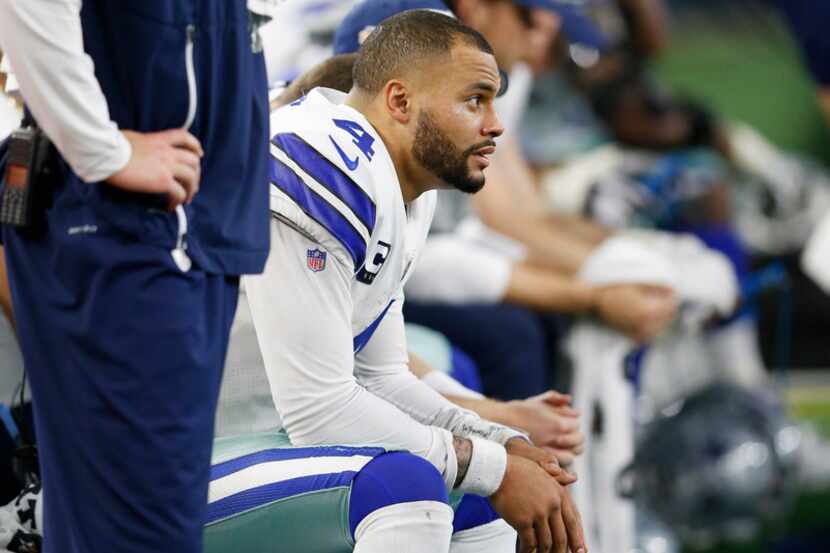Dallas Cowboys quarterback Dak Prescott (4) on the bench during the second half of play at...
