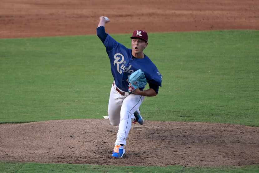 Frisco RoughRiders pitcher Jack Leiter (22) pitches during a minor league baseball game...