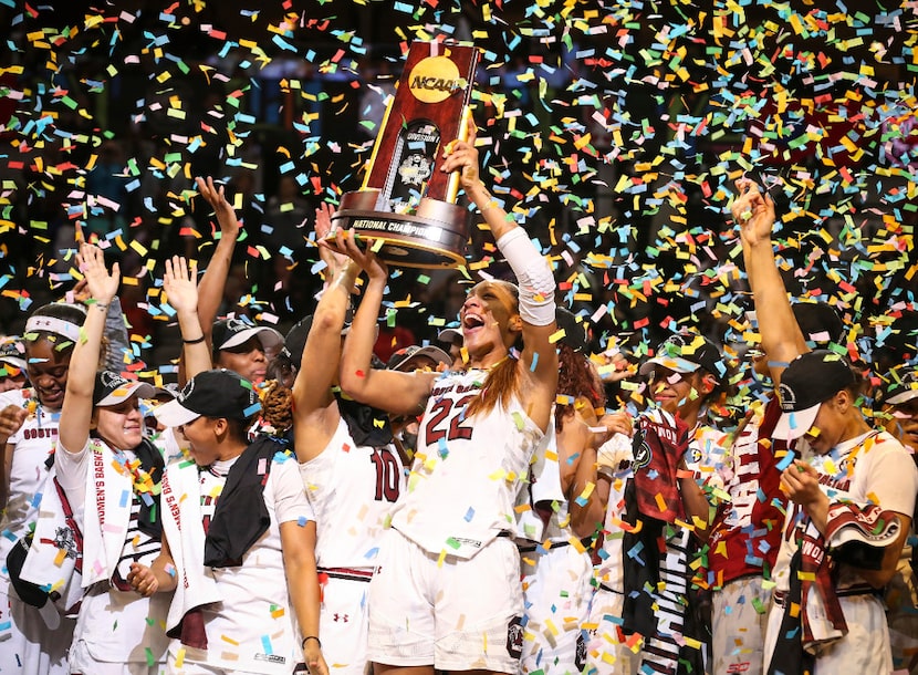 South Carolina Gamecocks forward A'ja Wilson (22) holds the trophy after South Carolina...