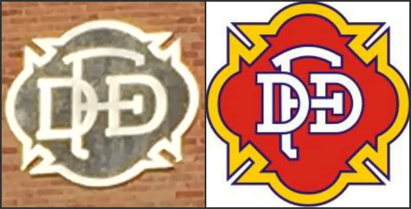  The sign on the front of South Side Flats (left) and Dallas Fire-Rescue's logo (right)
