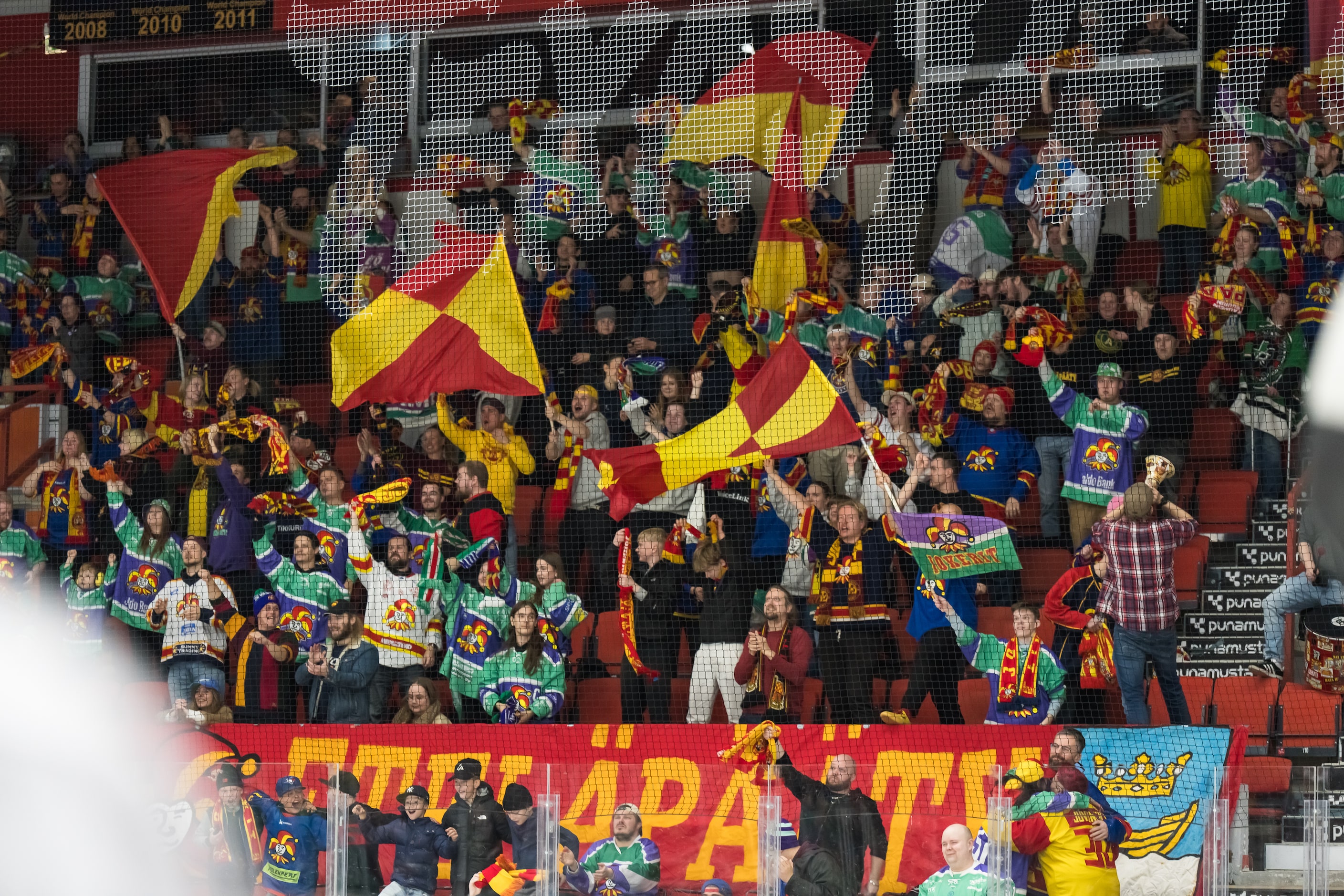 20241029 Helsinki, FINLAND. Jokerit Helsinki v Hokki Kajaani. 

Jokerit fans celebrate as...