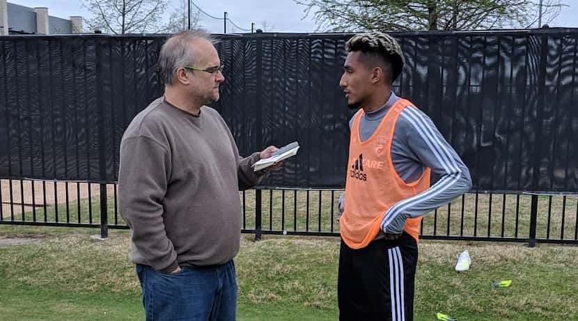 FC Dallas' Jesus Ferreira (right) is interviewed by reporter Steve Hunt. (4-3-19)