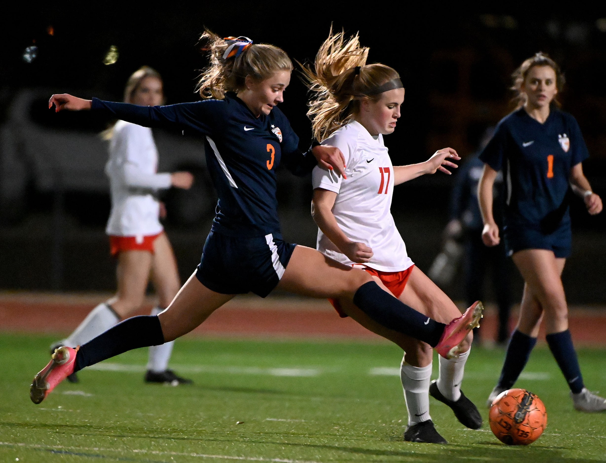 Frisco Wakeland’s Bella James (3) goes after a ball with Frisco Centennial’s Mia Gildea...