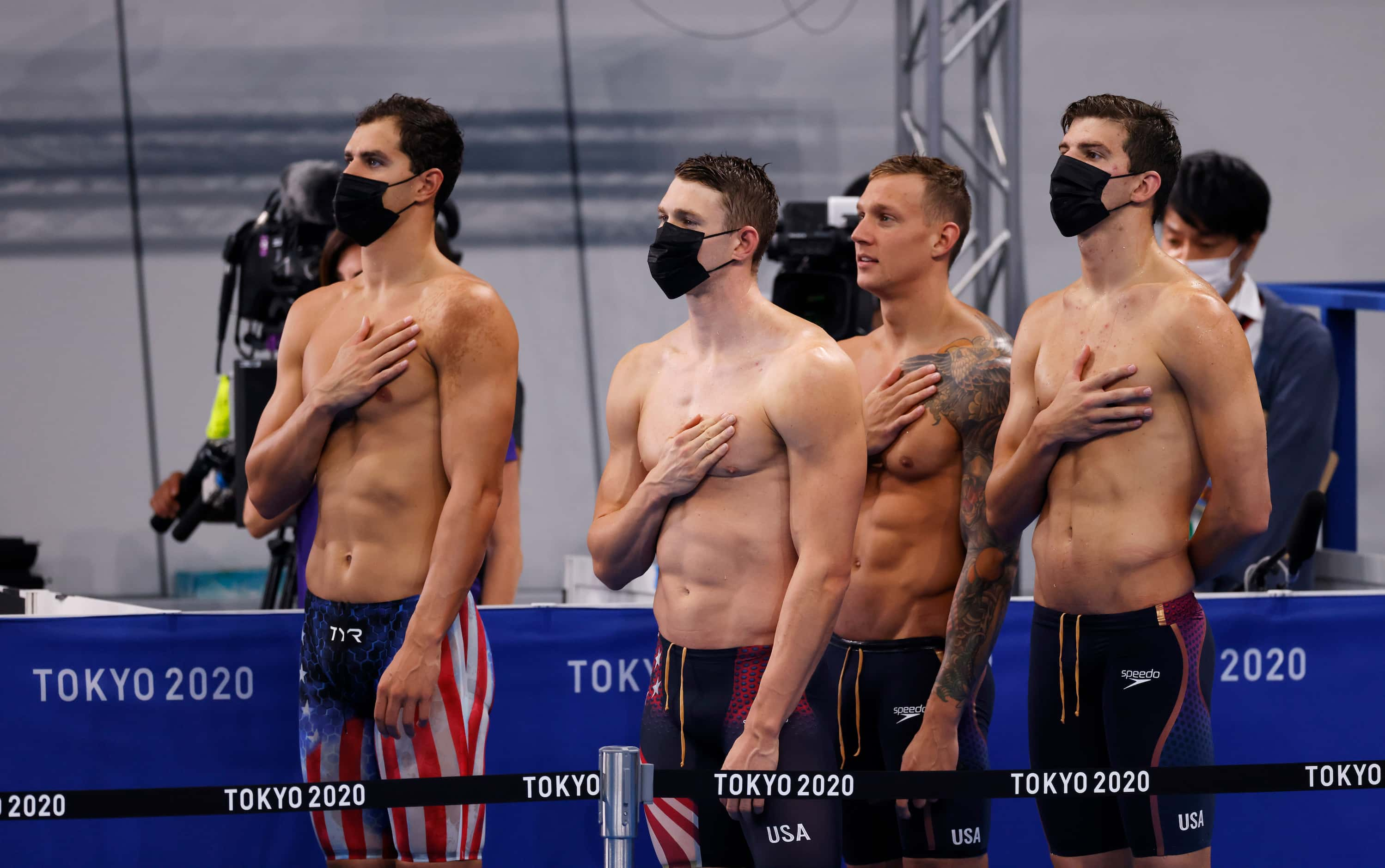 USA’s Michael Andrew,  Ryan Murphy, Caeleb Dressel, and Zach Apple of the men’s 4x100 meter...