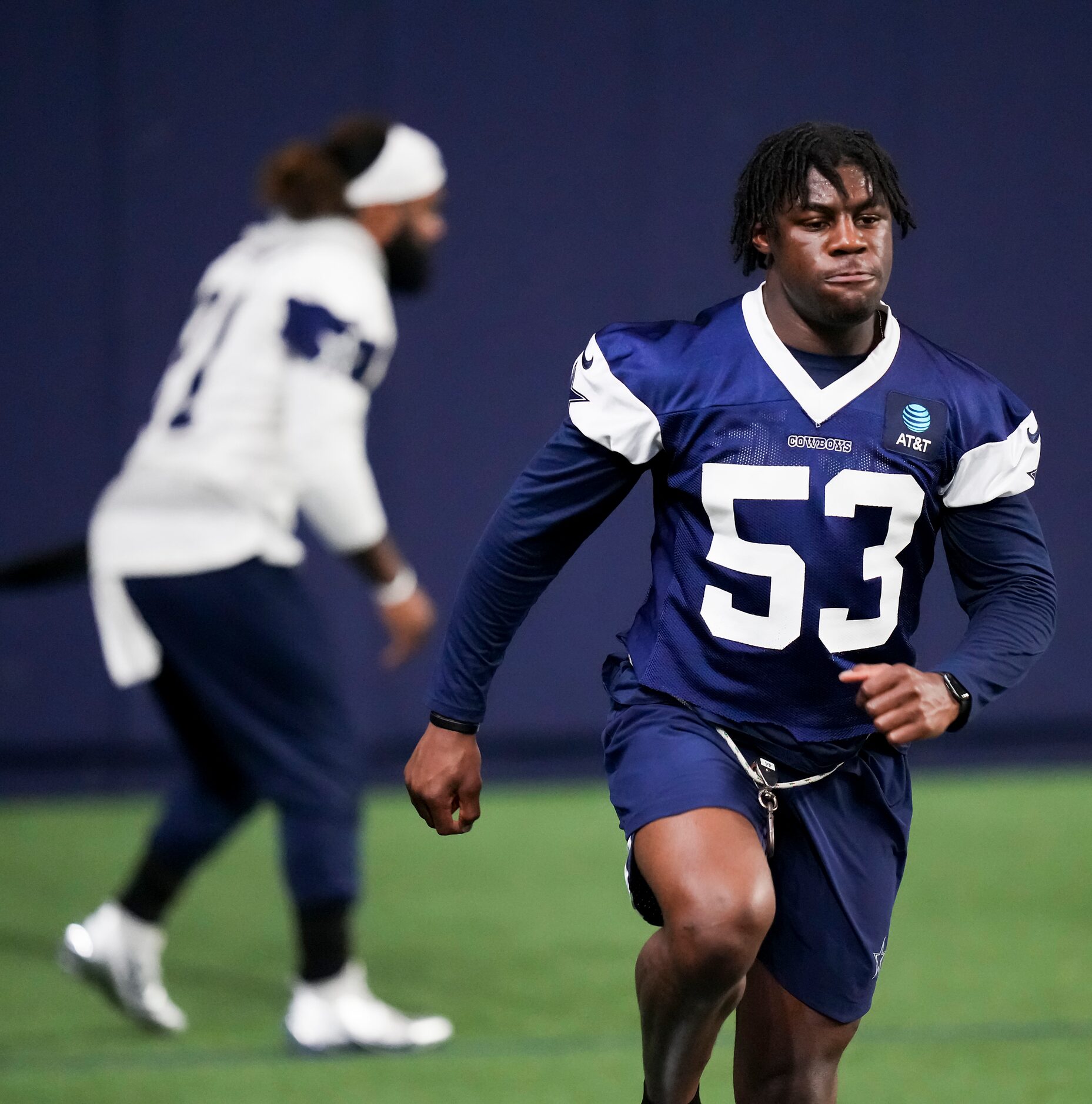 Dallas Cowboys linebacker Damone Clark (53) works conditioning during the OTA team's...