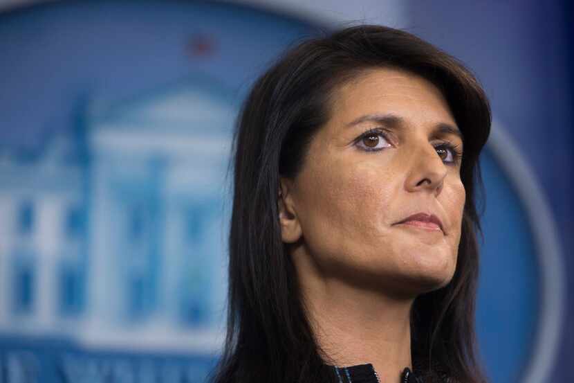 Nikki Haley, the U.S. ambassador to the United Nations, during a news briefing at the White...