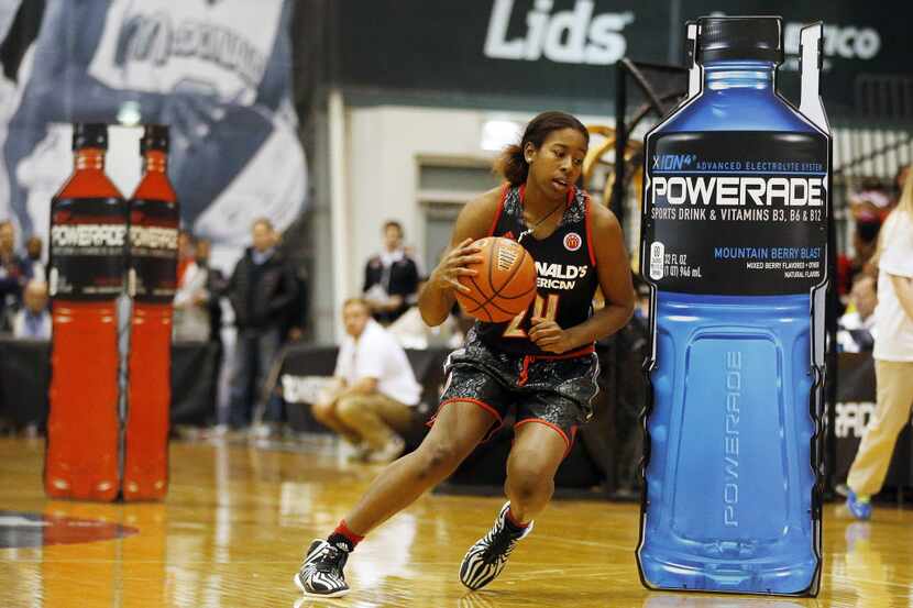 McDonald's West All-American Ariel Atkins, of Duncanville, Texas, competes in the skills...