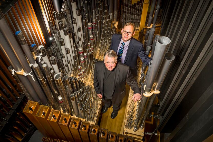 
The Rev. Stephen Bierschenk (front) and music director Jeremy Wirths stand inside the new...