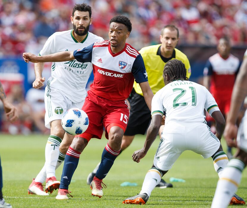 Jacori Hayes dribbles through the Portland Timber midfield. (3-24-18)