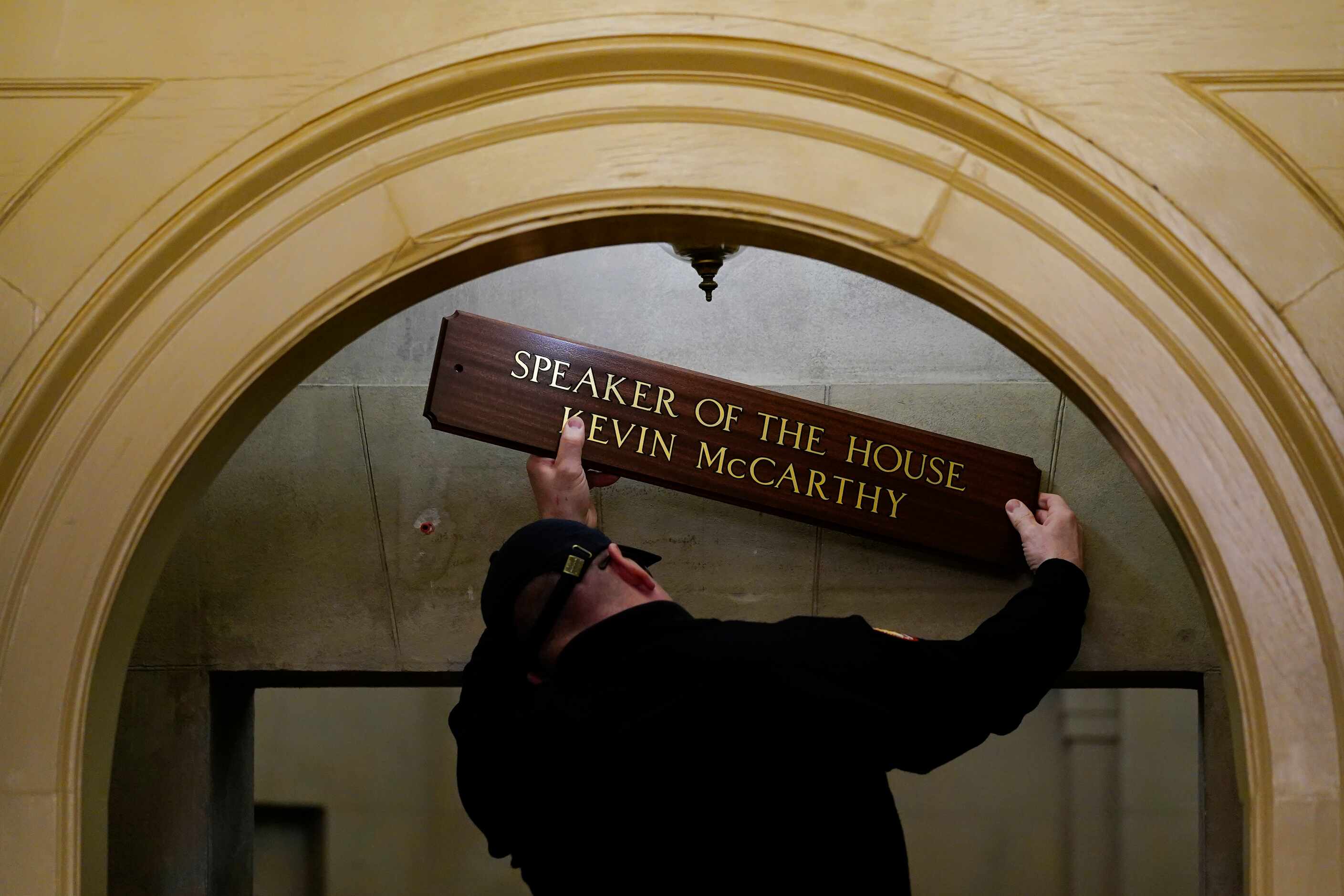 The sign at the office of House Speaker Kevin McCarthy of Calif., is installed on Capitol...