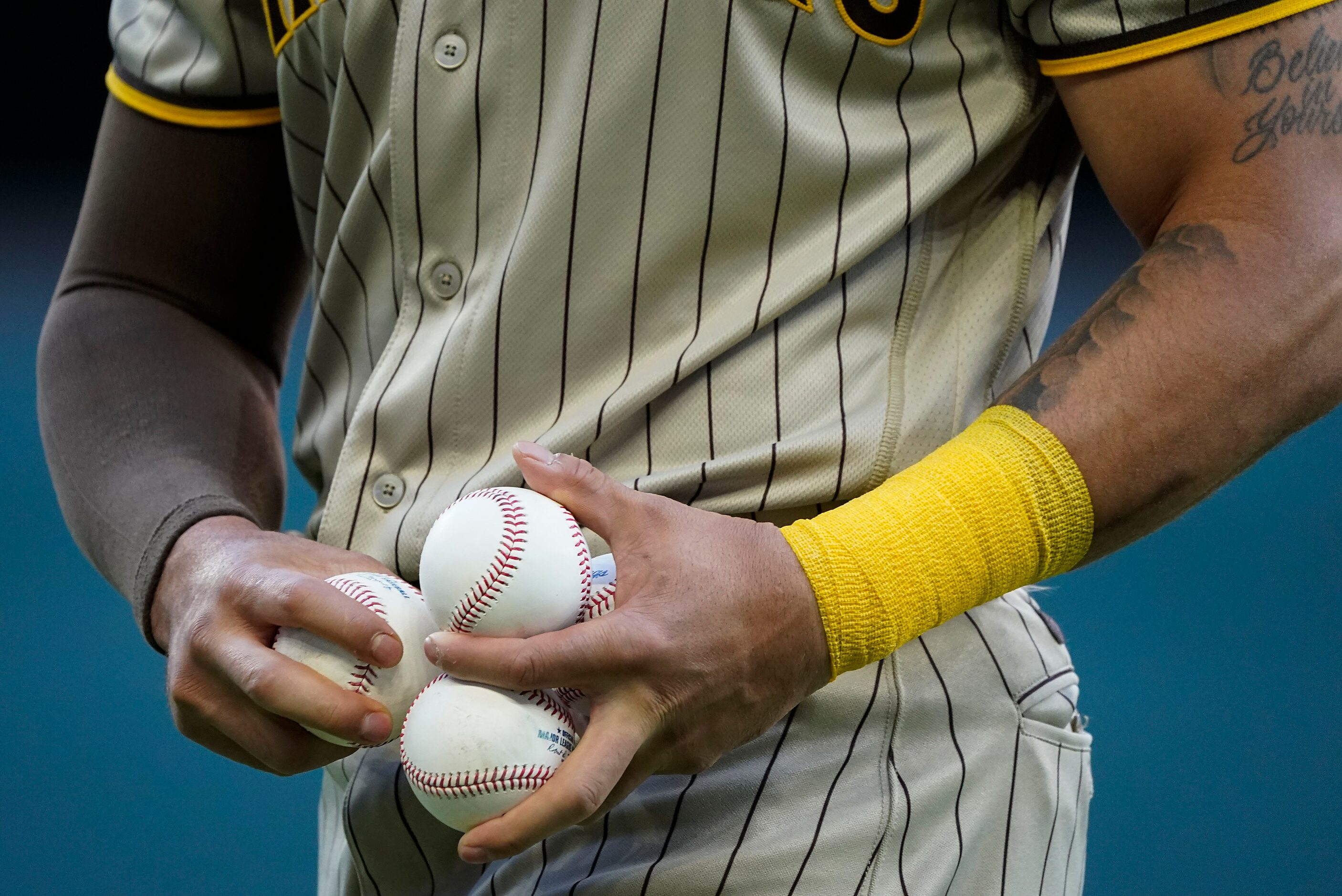 San Diego Padres left fielder Tommy Pham warms up before a game against the Texas Rangers at...