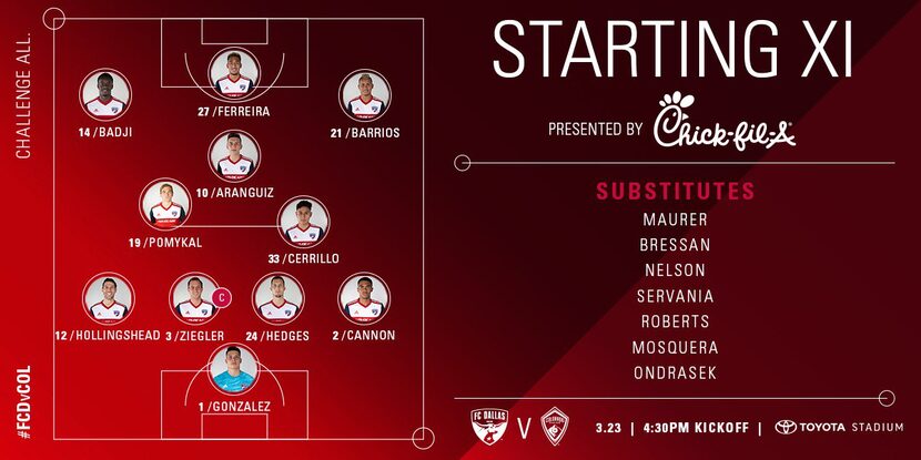 The FC Dallas starting XI against Colorado Rapids. (3-23-19)