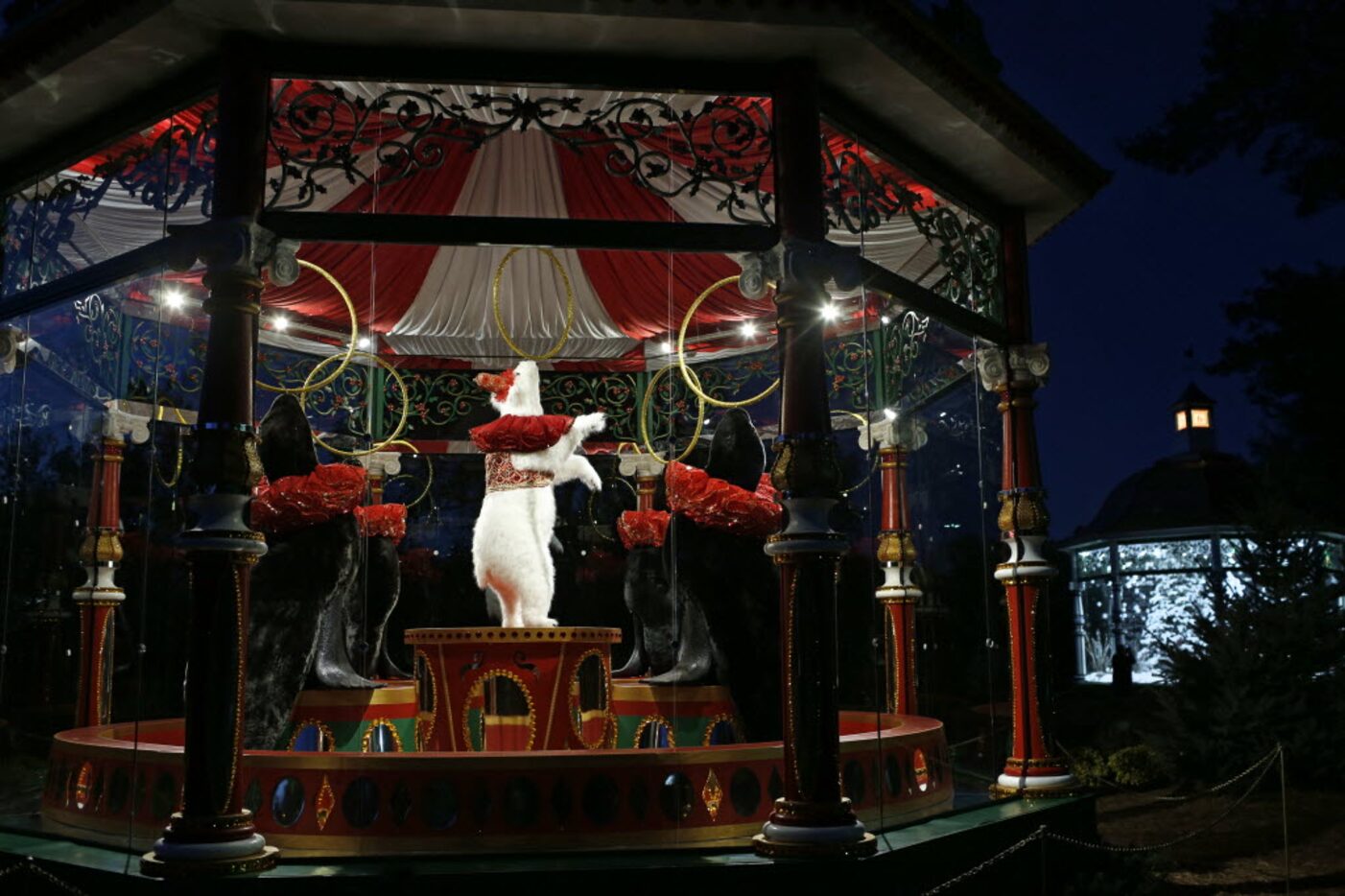 The Five Golden Rings pavilion at the Dallas Arboretum's "12 Days of Christmas" exhibit in...