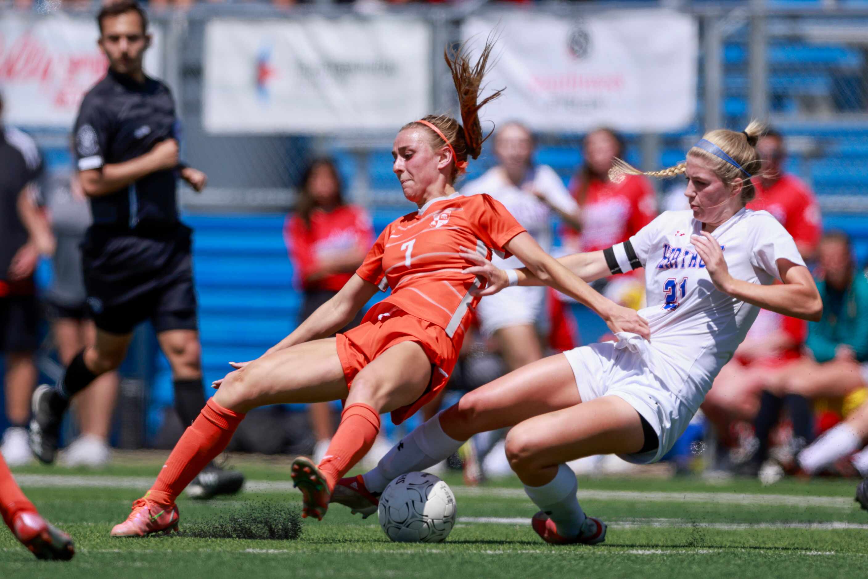 Midlothian Heritage defender Joely Godfrey (21) tackles Celina midfielder Lexi Tuite (7)...