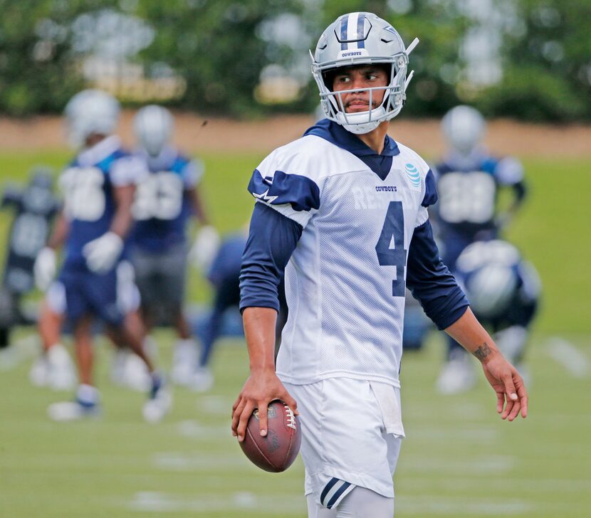 Dallas Cowboys quarterback Dak Prescott (4) is pictured during Dallas Cowboys OTA football...