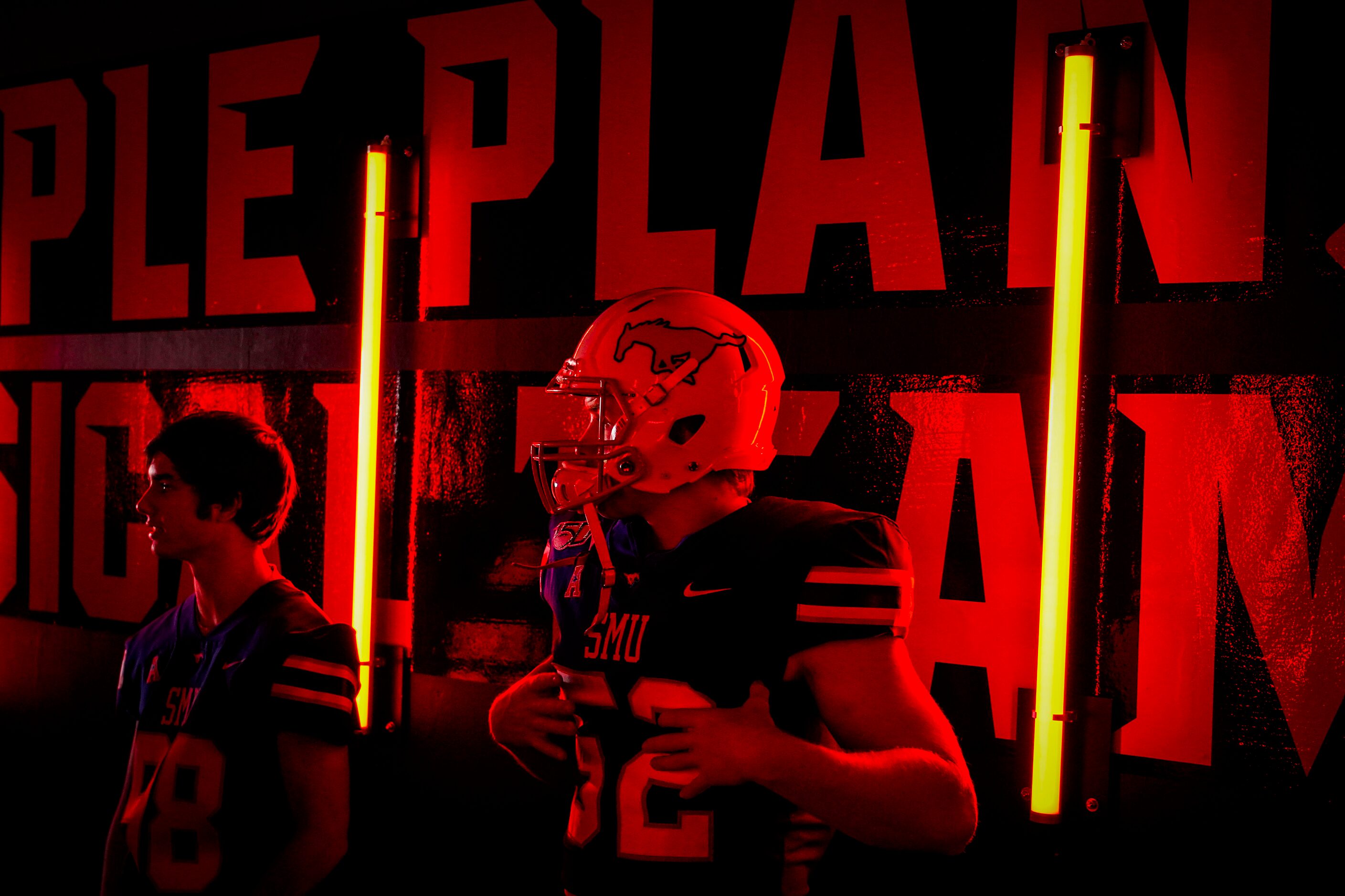 SMU linebacker Deuce Palmer waits in the tunnel before an NCAA football game against Tulane...