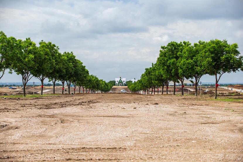 The view of Jackson Hall from the community entry includes rows of Pecan trees at a new...