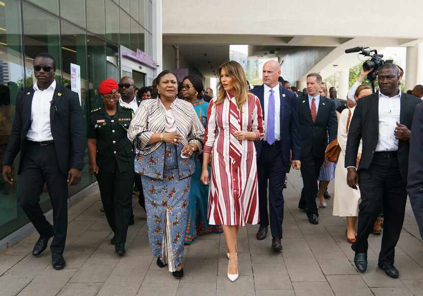 First lady Melania Trump and Ghana's first lady Rebecca Akufo-Addo walk to their vehicles as...