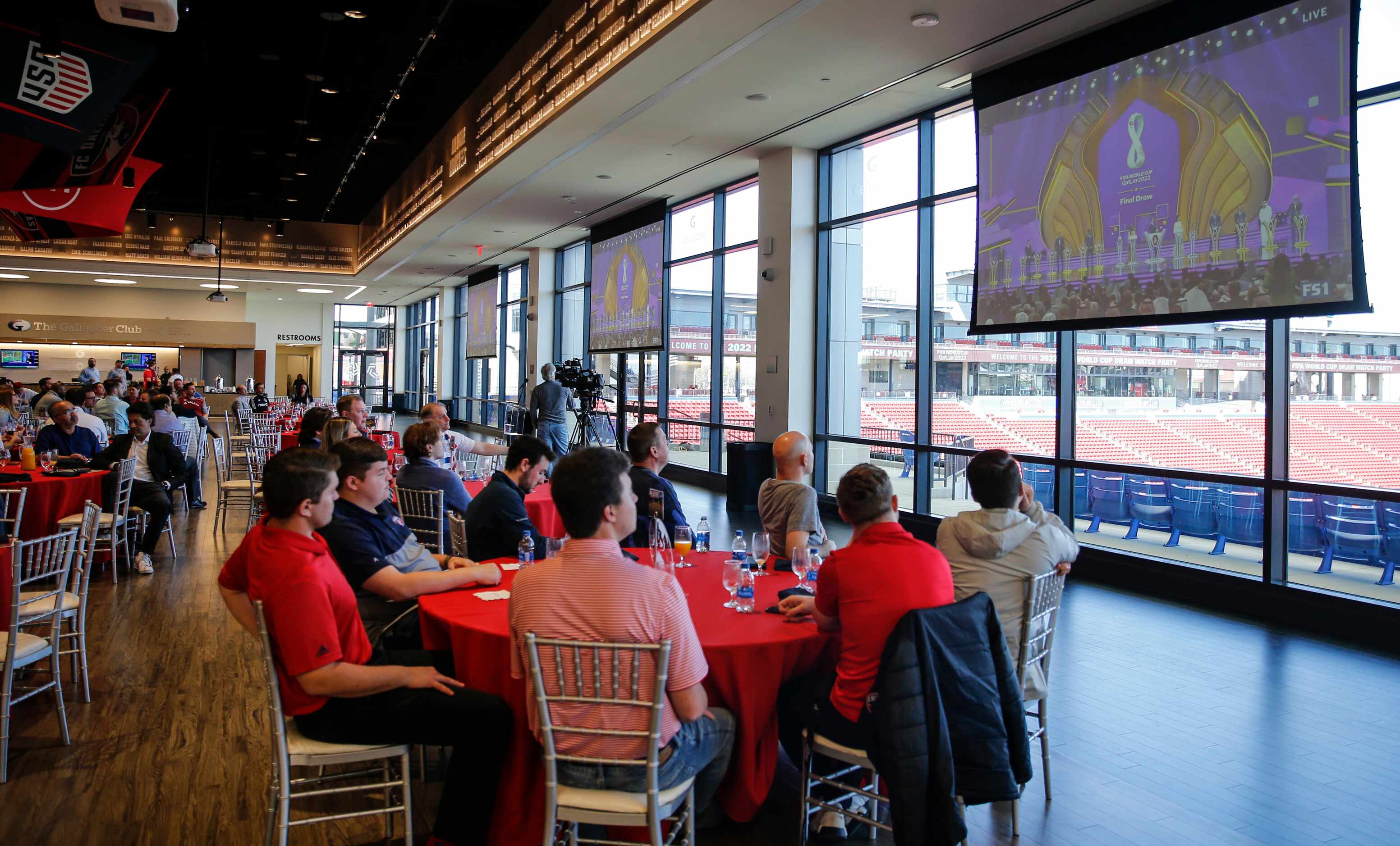 Patrons watch the FC Dallas' World Cup draw watch party on Friday, April 1, 2022 at the...