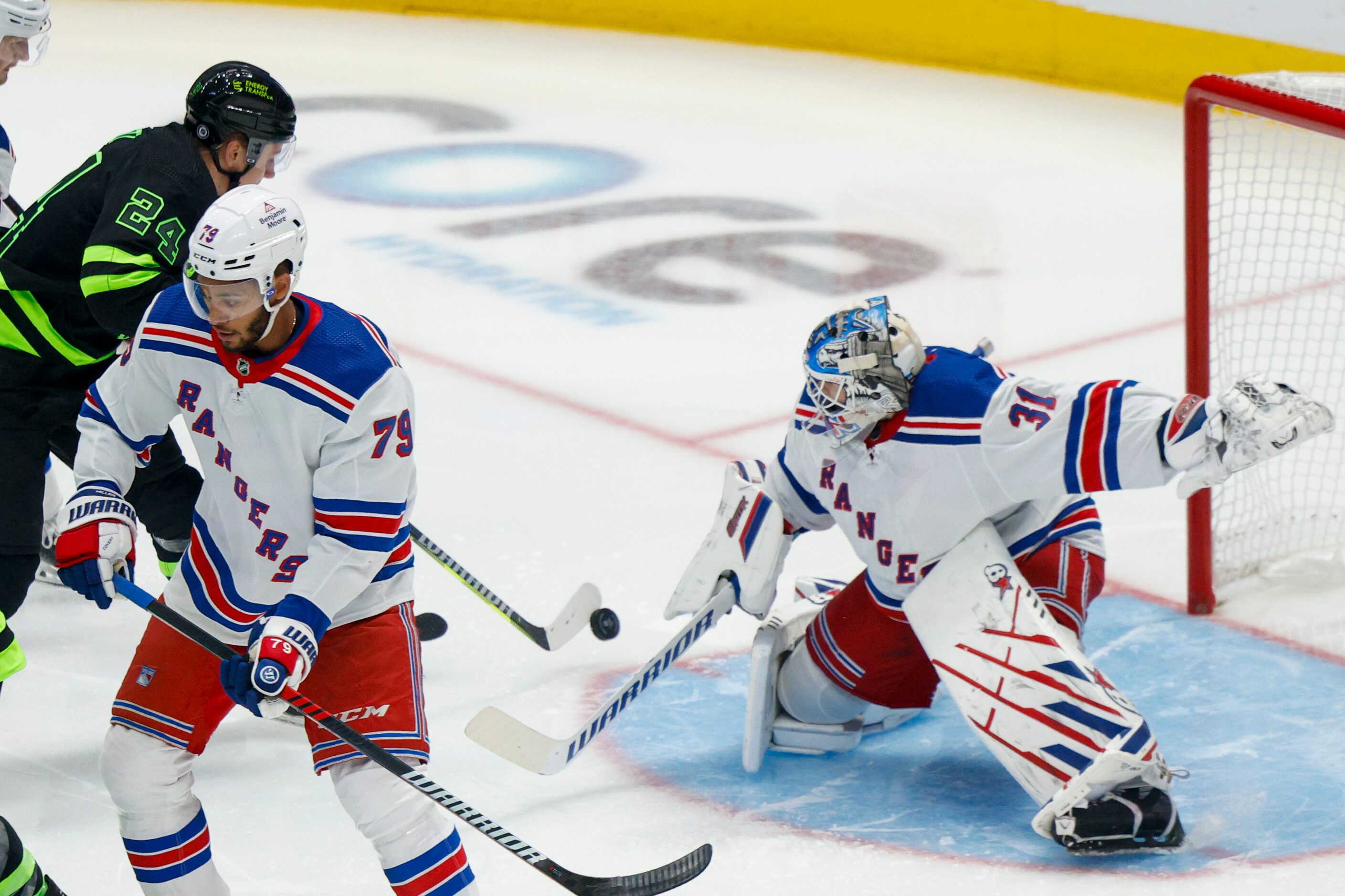 Dallas Stars center Roope Hintz (24) scores a goal past New York Rangers goaltender Igor...