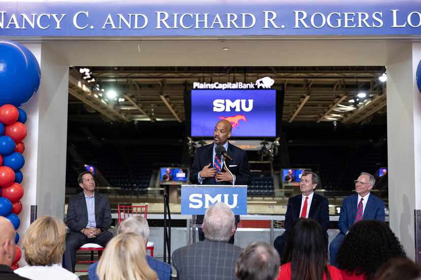 SMU’s new Head Men’s Basketball Coach Rob Lanier speaks at a press conference announcing his...