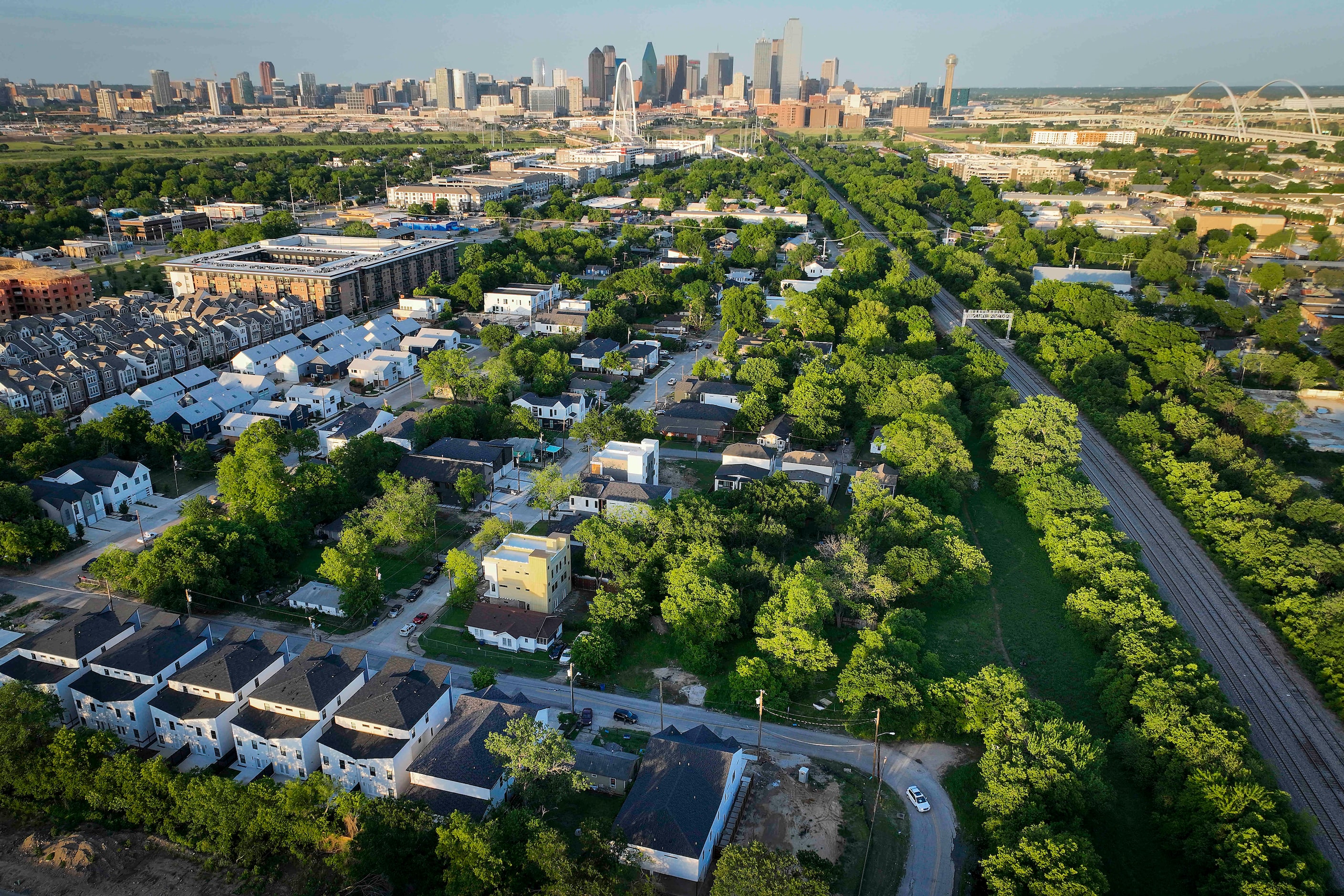 Aerial view of the Gilbert-Emory neighborhood looking toward the downtown skyline on Sunday,...