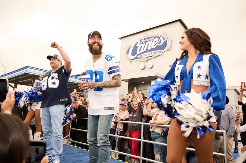 Post Malone wearing a Dallas Cowboys jersey and standing on a stage outside Raising Cane's...