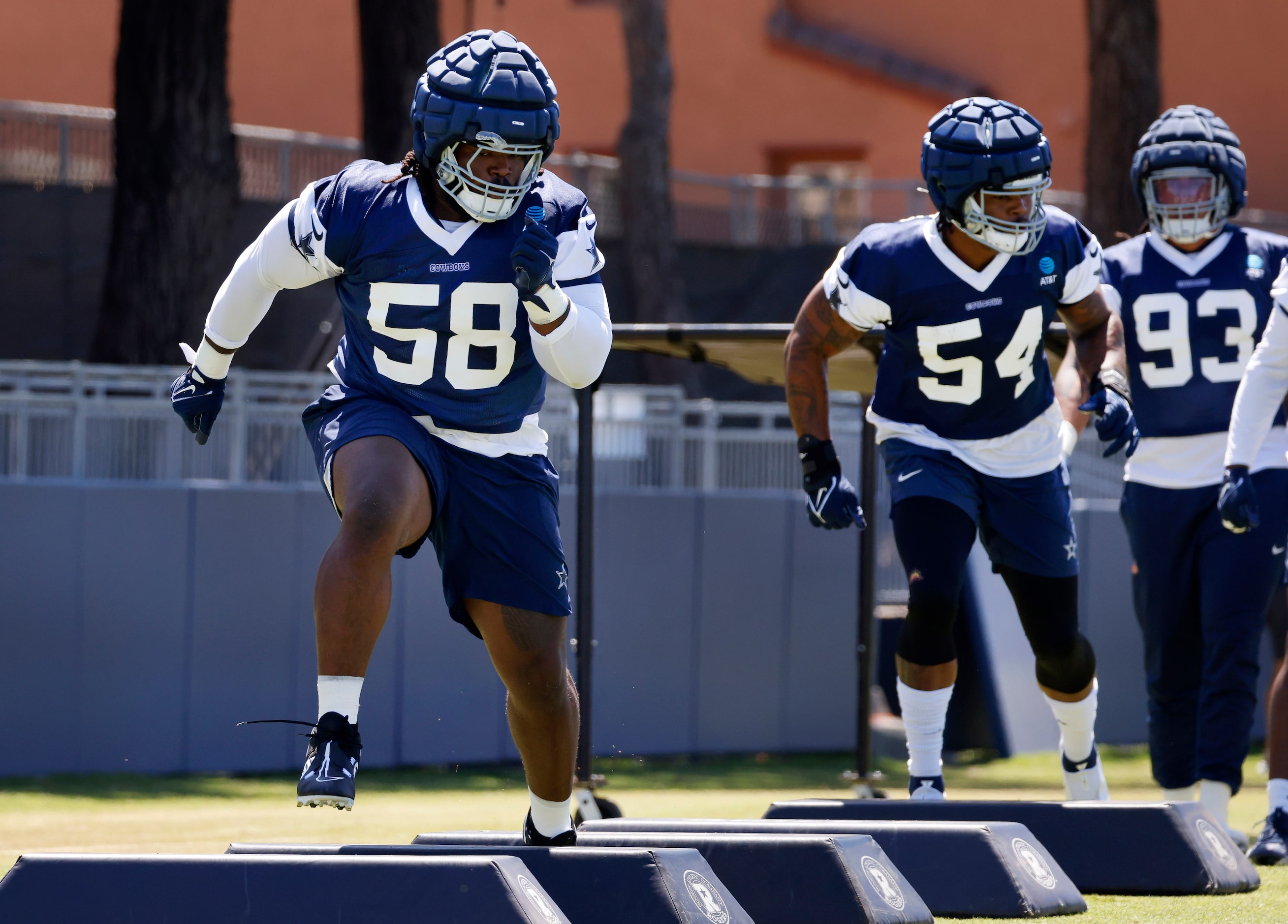 Dallas Cowboys defensive tackle Mazi Smith (58) runs through a footwork drill during a...