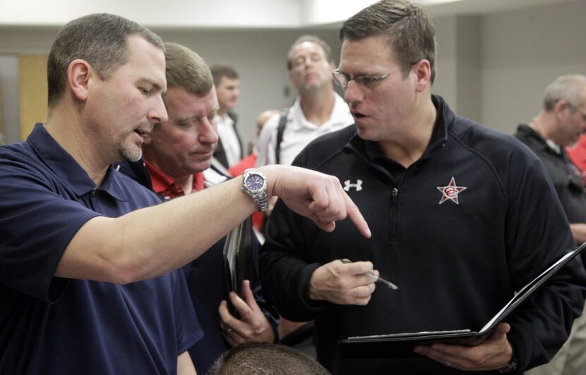 Football coaches (l to r) Don Drake (McKinney Boyd), Tom Westerberg (Allen) and Joe McBride...