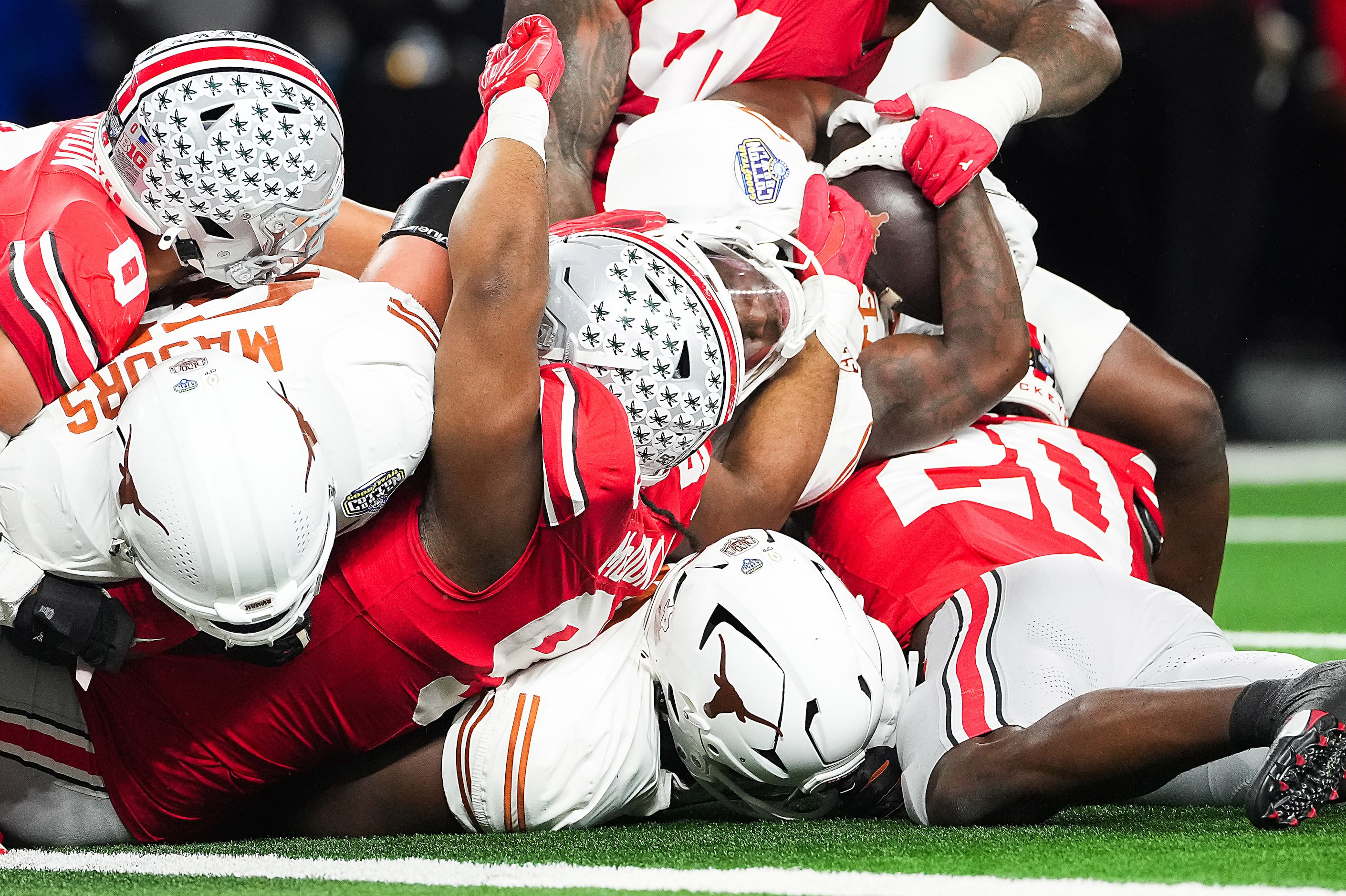 Texas running back Jerrick Gibson (9) is stopped short of the end zone on a first-and-goal...