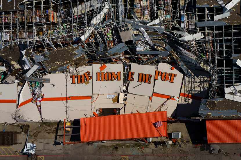 The destroyed Home Depot store at 11682 Forest Central Drive is seen in an aerial view of...