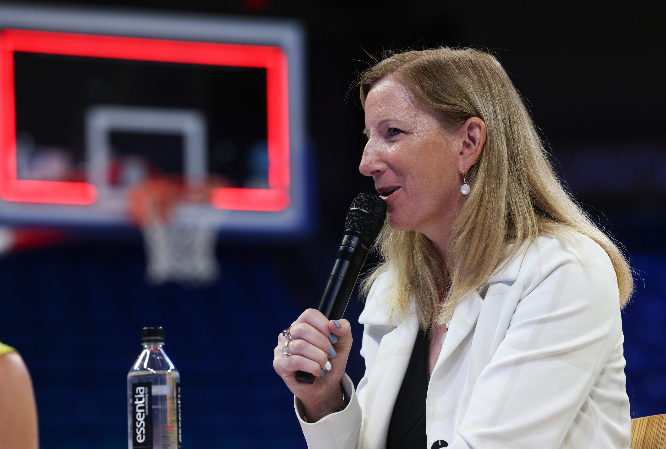 Cathy Engelbert, Commissioner of  the Woman’s National Basketball Association talks during a...