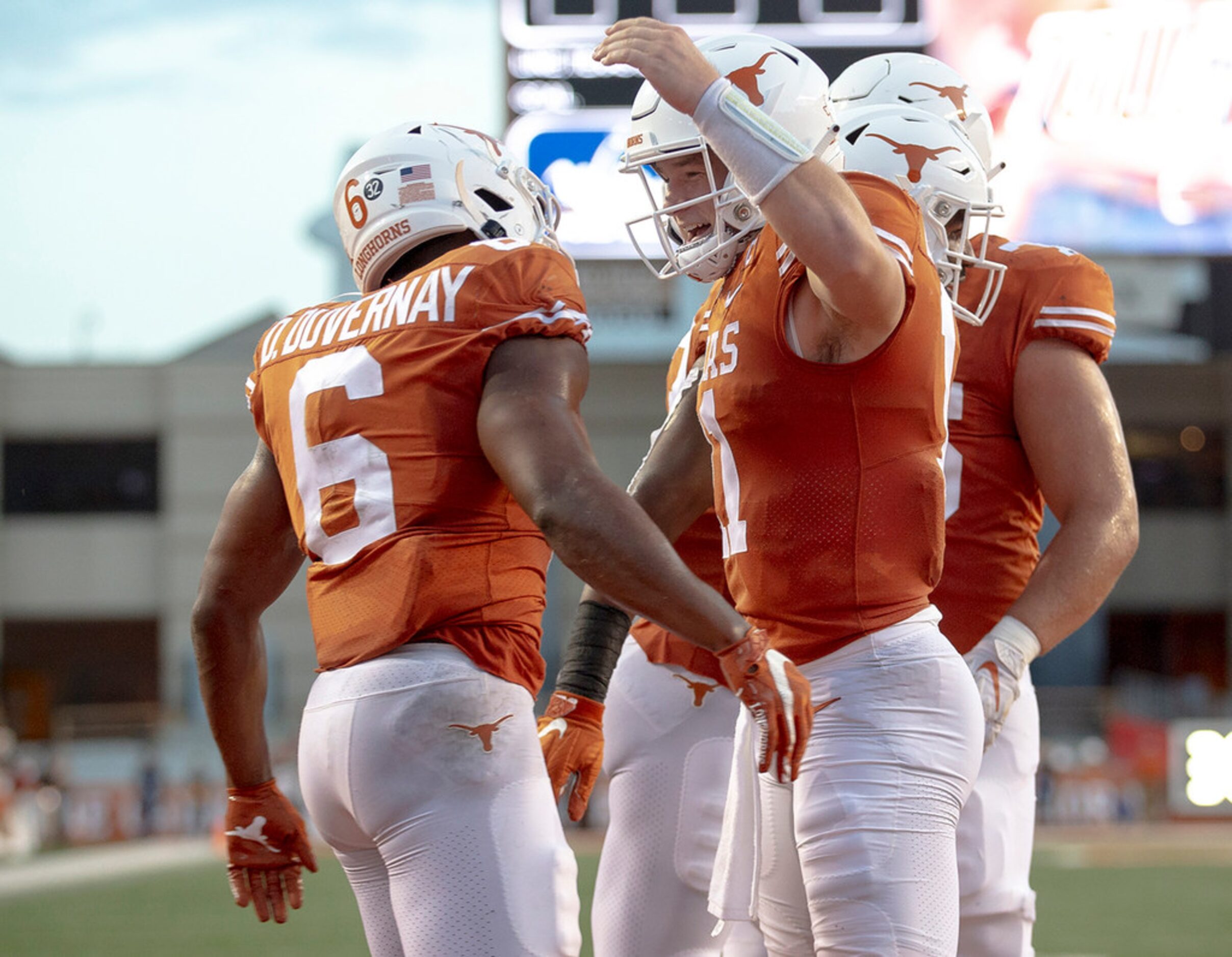 Texas wide receiver Devin Duvernay (6) celebrates a 6-yard touchdown reception with...