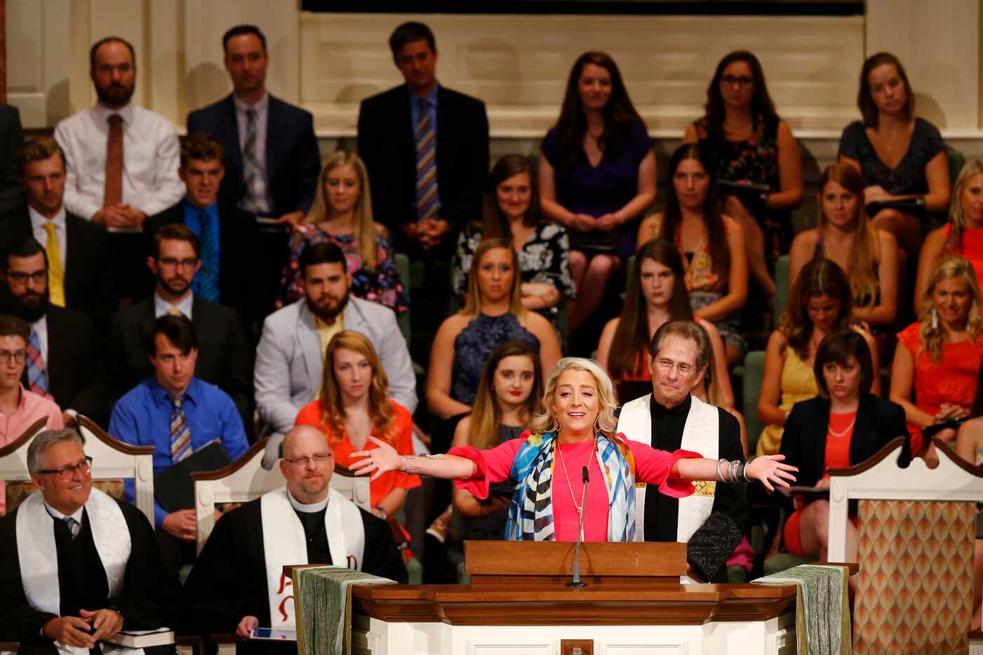 Jennifer Thompson speaks during the funeral for her mother, Vickie Thompson, at Wilshire...