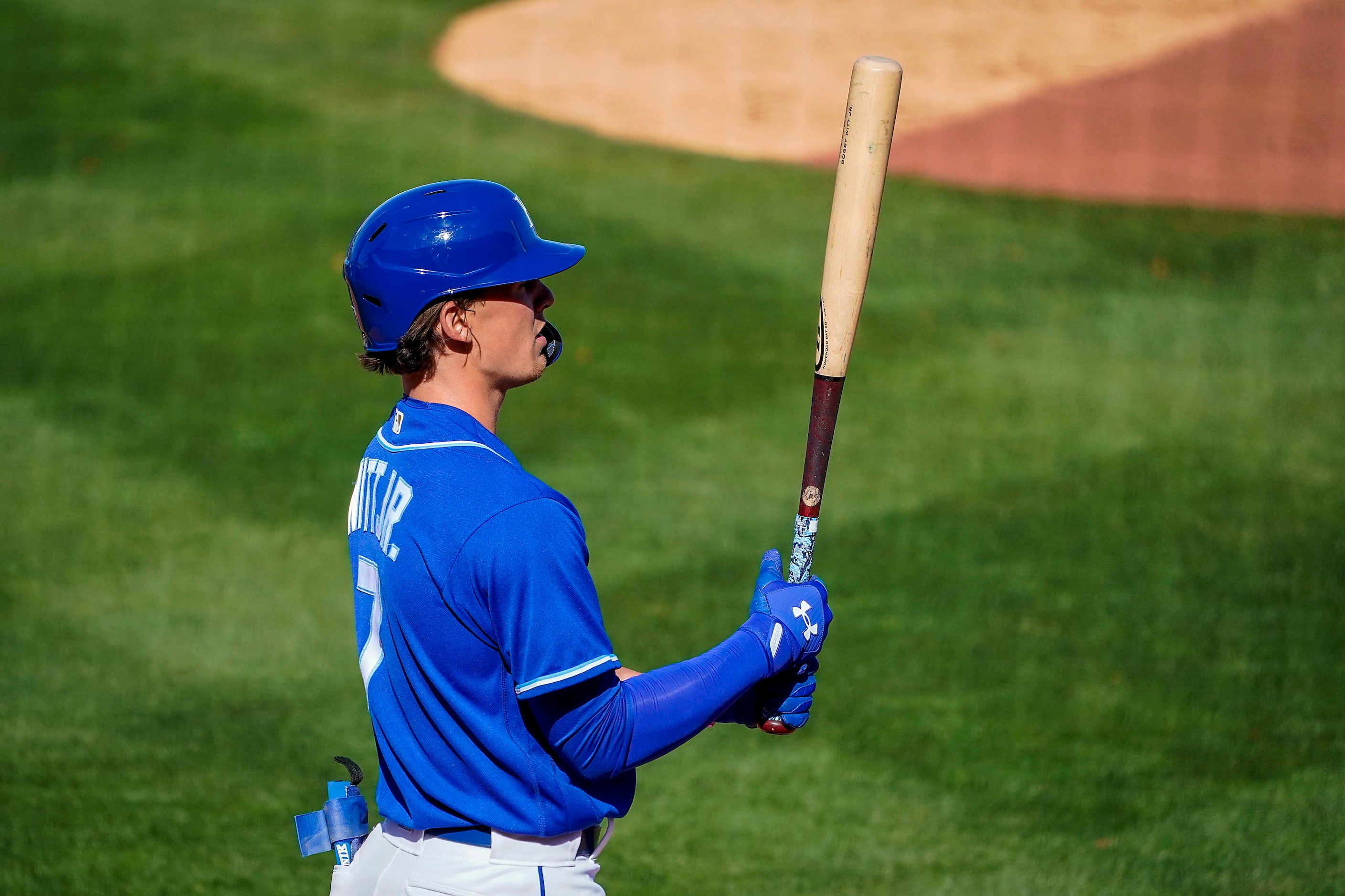 Kansas City Royals pinch hitter Bobby Witt, Jr. steps into the batters box during the sixth...